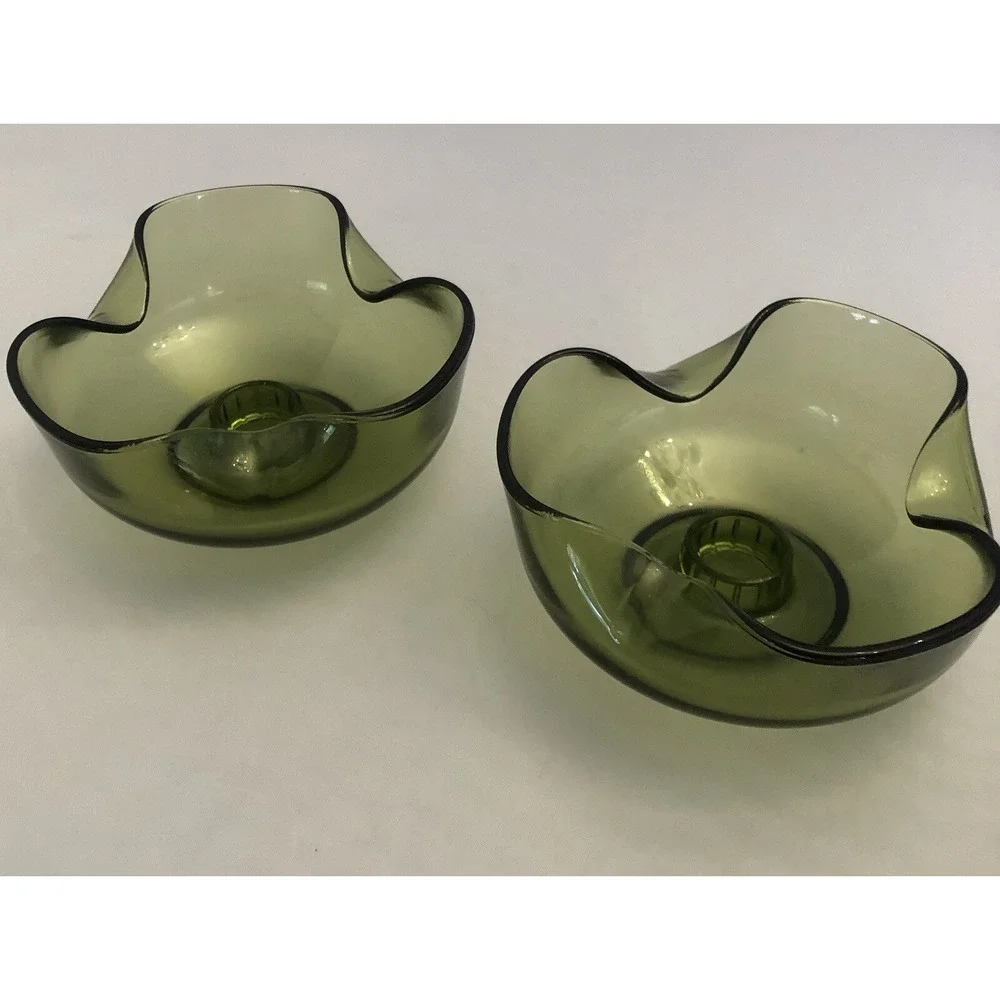 2 Vintage Avocado Green Art Ruffled Wavy‎ Glass Bowl Dish Taper Candle Holders